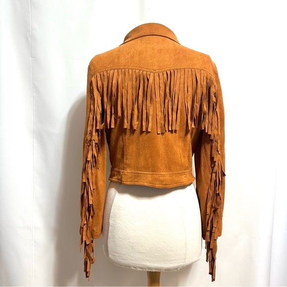 FAUX SUEDE FRINGE ASYMMETRICAL MOTO JACKET IN COGNAC BROWNISH-ORANGE Sz. LG/XL - Picture 12 of 12